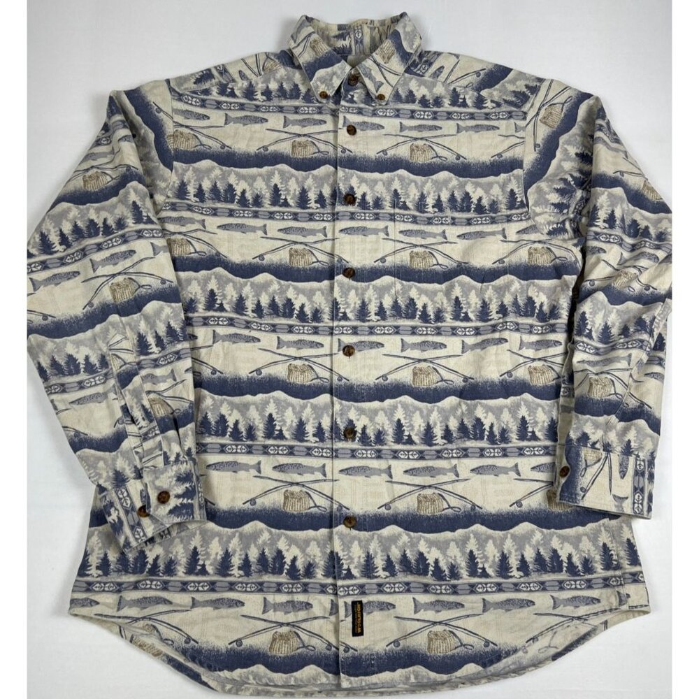 Vintage Woolrich Men Large Blue Gray Fishing Theme Pattern Long Sleeve Shirt